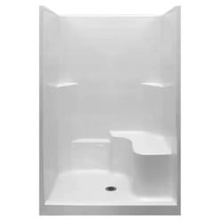 1-piece Alcove Shower Kit With Shower Wall And Shower Pan In White with a Center Drain and a right hand seat