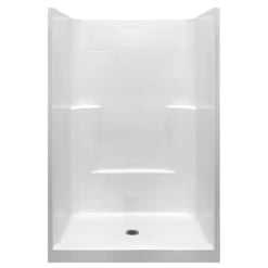 Low Threshold one piece shower kit in white with Shower wall and shower pan and a Center Drain. Non slip floors for handicapped