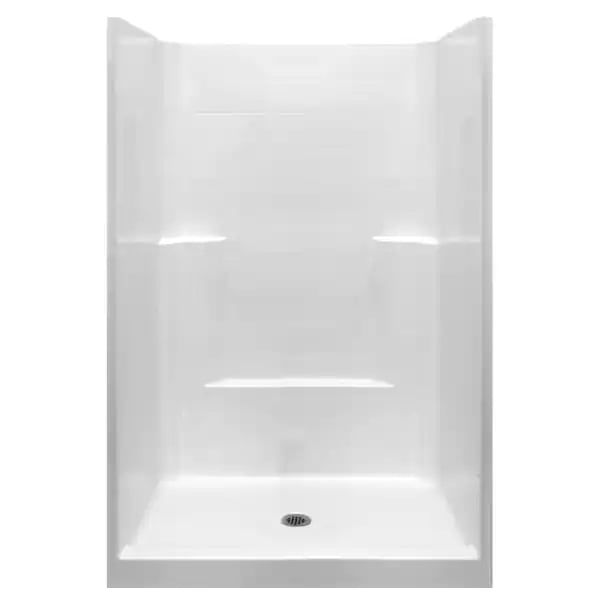 Low Threshold one piece shower kit in white with Shower wall and shower pan and a Center Drain. Non slip floors for handicapped