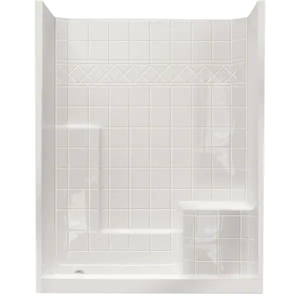 3-Piece Shower Kit with Shower Wall and Shower Pan in White, with a right Seat and left Drain, with tiling