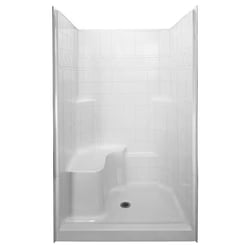 48 In. X 36.75 In. X 79.5 In. Alcove 3-pc Shower Kit With Shower Wall And Shower Pan In White, with a center drain and seat on the left side