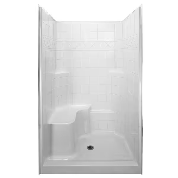 48 In. X 36.75 In. X 79.5 In. Alcove 3-pc Shower Kit With Shower Wall And Shower Pan In White, with a center drain and seat on the left side