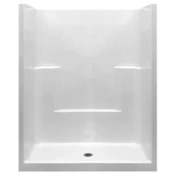 60 inch Low Threshold one piece shower kit in white with Shower walls and shower pan and a Center Drain with nonslip floors for disabled people. perfect for new construction as it is one large peice