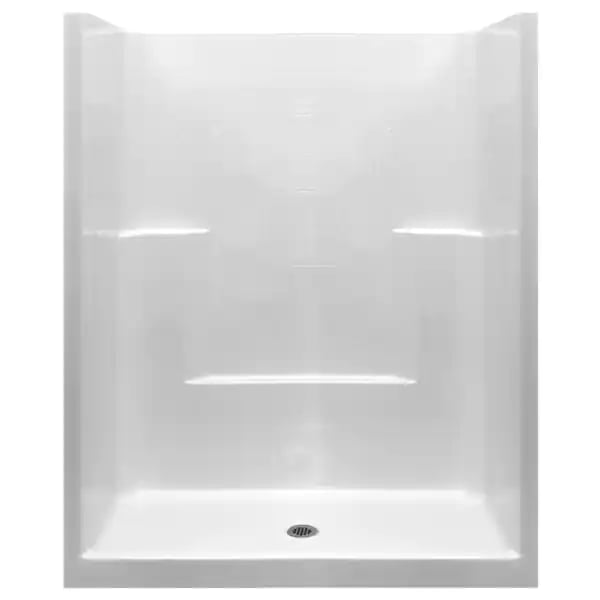 60 inch Low Threshold one piece shower kit in white with Shower walls and shower pan and a Center Drain with nonslip floors for disabled people. perfect for new construction as it is one large peice