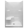 one piece Alcove Shower Kit With Shower Wall And Shower Pan In White with a Center Drain and a left hand seat