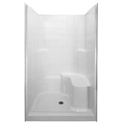 48 In. X 36.75 In. X 79.5 In. Alcove 3-piece Shower Kit With Shower Wall And Shower Pan In White, with a center drain and seat on the right side