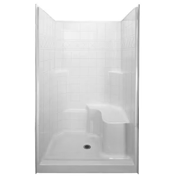 48 In. X 36.75 In. X 79.5 In. Alcove 3-piece Shower Kit With Shower Wall And Shower Pan In White, with a center drain and seat on the right side