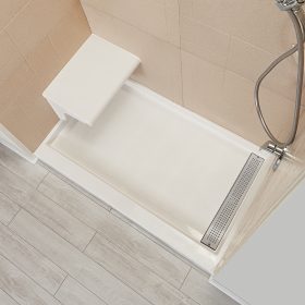 Cultured Marble ″x ″ Shower Base With Trench Drain Cover And ″x ″ Seat X